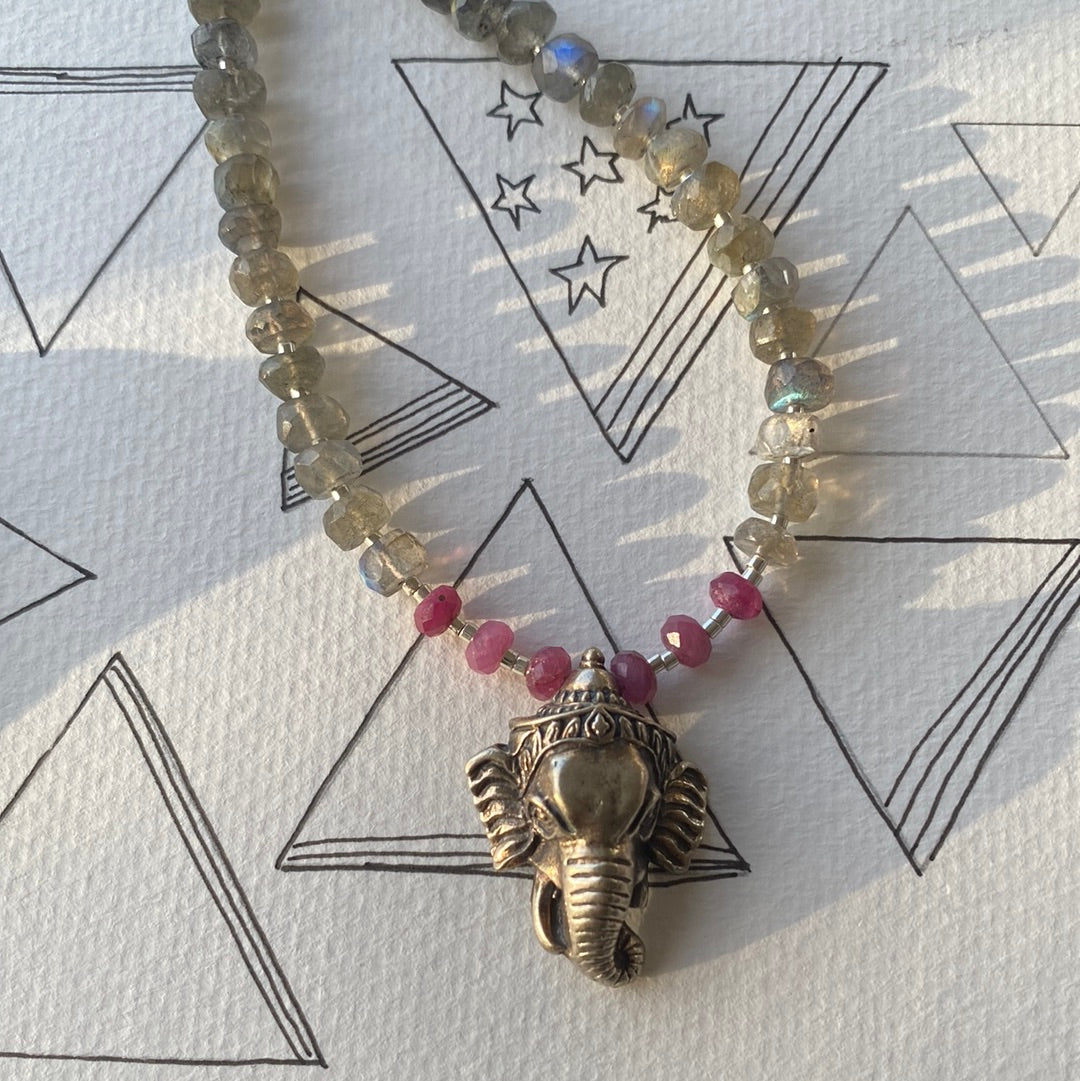 Ganesha Labradorite and Ruby Sterling Silver One of a Kind Necklace - Moon Room Shop and Wellness