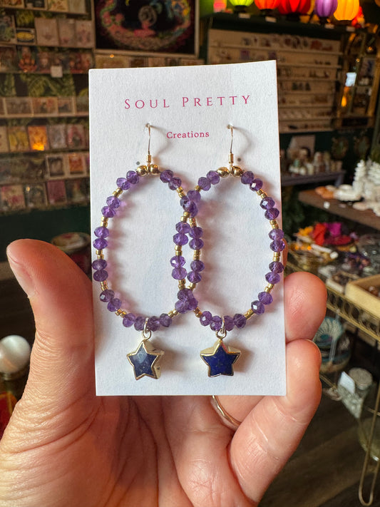 Soul Pretty Lapis Star + Amethyst Handmade Gold Fill Earrings - Moon Room Shop and Wellness