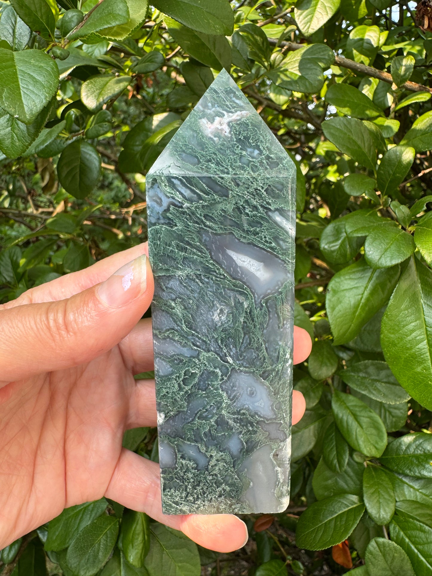 Moss Agate Tower 314 g - Moon Room Shop and Wellness