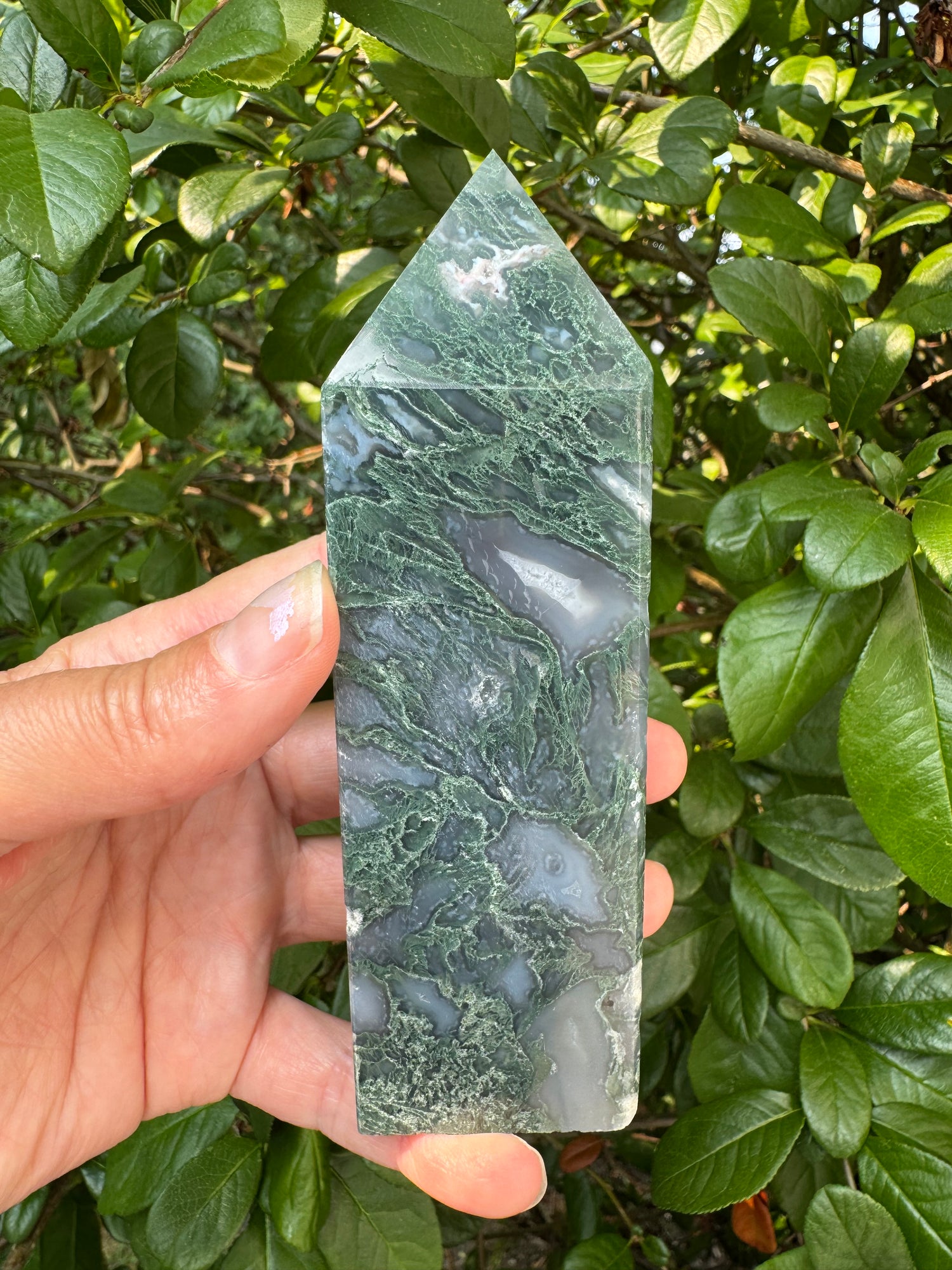 Moss Agate Tower 314 g - Moon Room Shop and Wellness