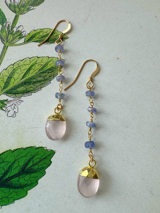 Rose Quartz and Tanzanite Handmade Gold Fill Earrings - Moon Room Shop and Wellness