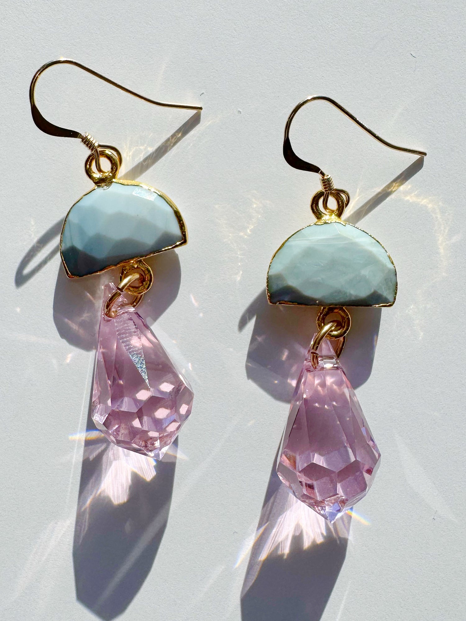 Blue Owyhee Opal + Pink Prism Point Gold Fill Earrings - Moon Room Shop and Wellness