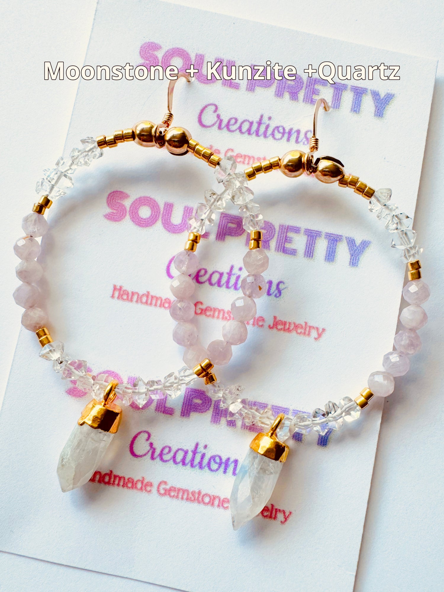 moonstone + quartz + kunzite handmade gold fill earrings - Moon Room Shop and Wellness