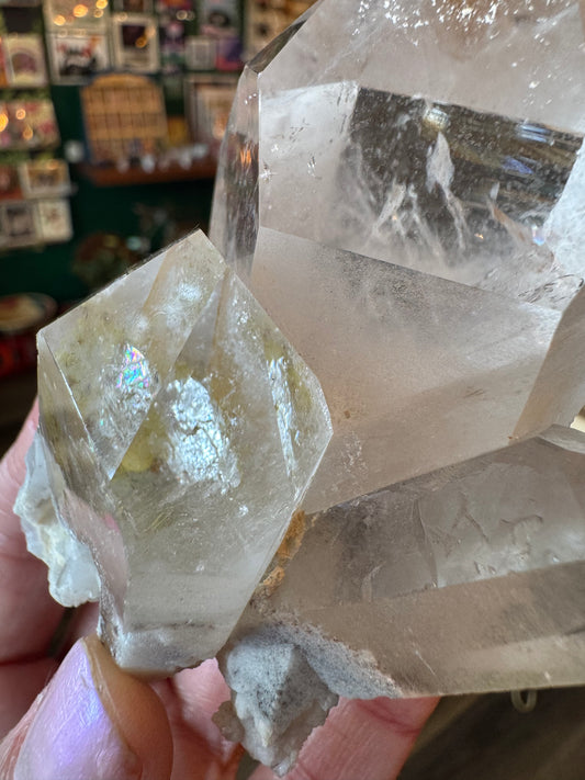 Clear Quartz Double Point (w sulfur + rainbows! ) 284 g Brazil Beauty! - Moon Room Shop and Wellness
