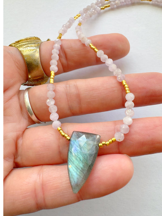Labradorite Point + Morganite Beaded Gold Fill Necklace - Moon Room Shop and Wellness