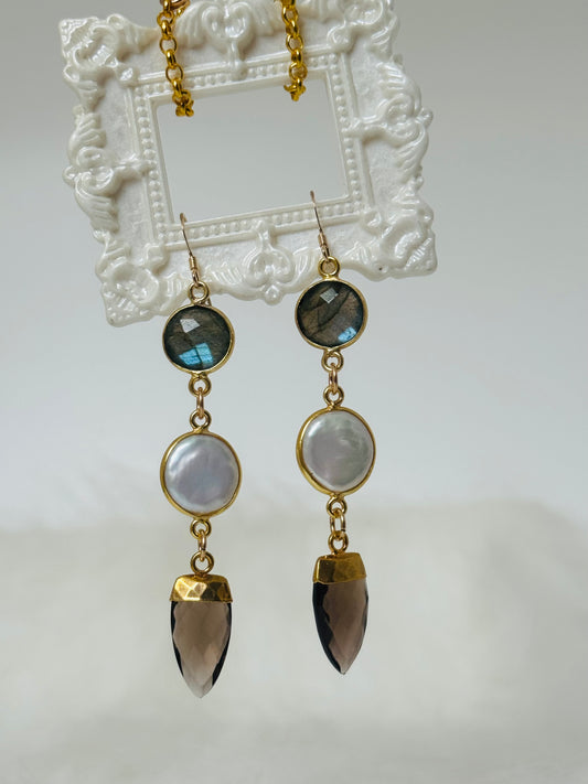 Soul Pretty Labradorite + Pearl + Smoky Quartz Points Gold Fill Earrings - Moon Room Shop and Wellness