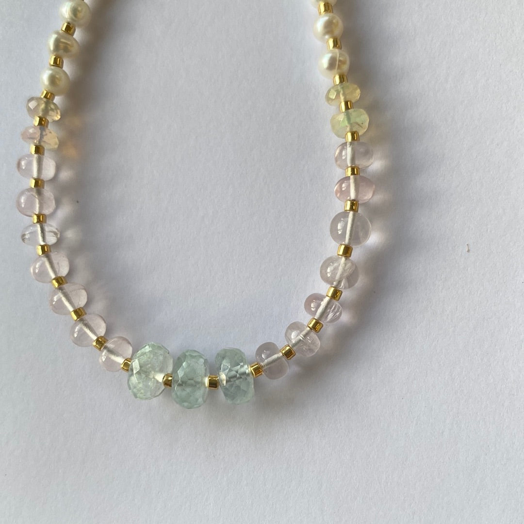 Aquamarine + Rose Quartz + Ethiopian Opal +Pearl Handmade Necklace - Moon Room Shop and Wellness