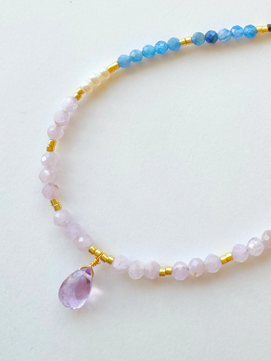 Amethyst Drop + Kunzite + Pearl + Kyanite One of a kind Gold Fill 19” Handmade Necklace - Moon Room Shop and Wellness