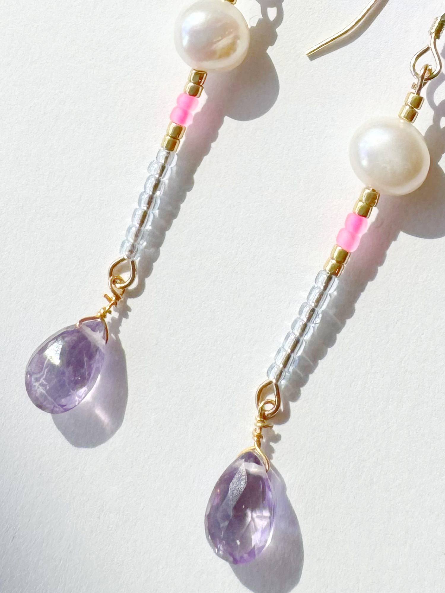 Amethyst + Pearl + Seed Bead Handmade Gold Fill Drop Gemstone Earrings - Moon Room Shop and Wellness