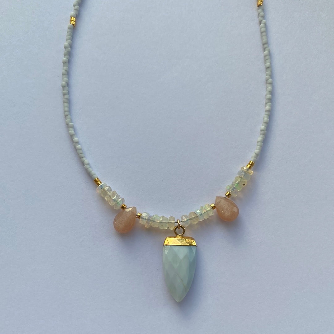 Blue Opal Pendant w/ Ethiopian Opal + Peach Moonstone Handmade Necklace - Moon Room Shop and Wellness