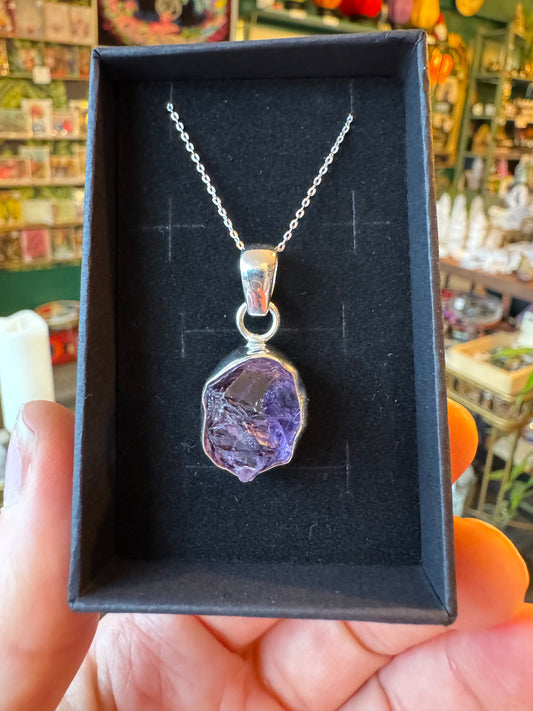 Amethyst Raw Sterling Silver Necklace 20 " Chain - Moon Room Shop and Wellness