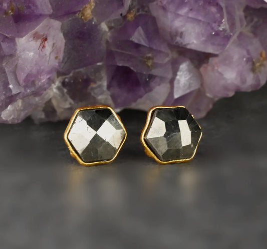 Pyrite Hexagon Gemstone Stud Earrings  8mm Brass Plated Gold - Moon Room Shop and Wellness