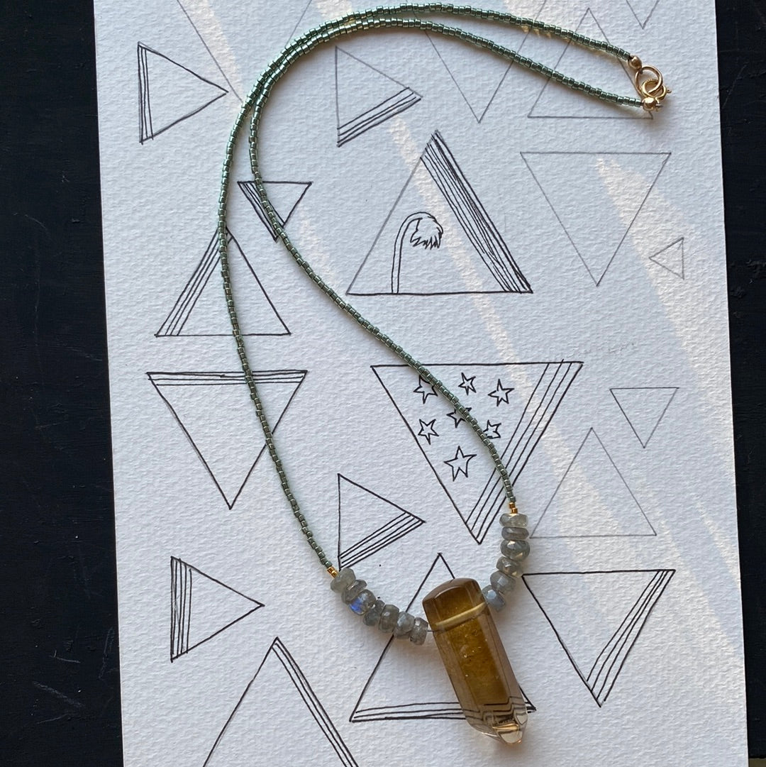 Citrine Point + Labradorite Seed Bead Gemstone Handmade Necklace Gold Fill - Moon Room Shop and Wellness