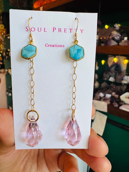 Soul Pretty Turquoise Hex + Pink Prism Point Gold Fill Earrings - Moon Room Shop and Wellness