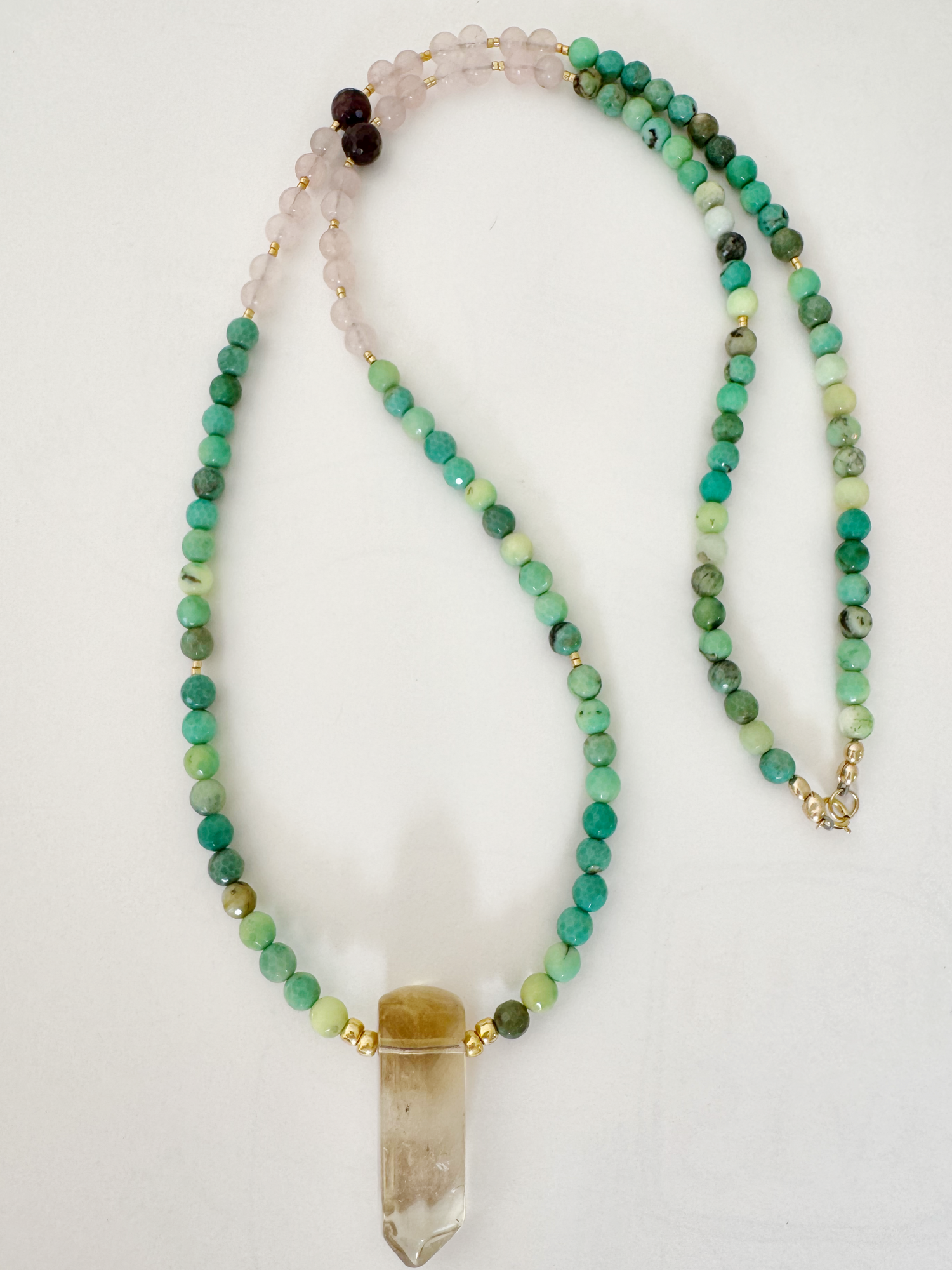 Citrine Point with Chrysoprase +Rose Quartz + Garnet Beaded Long Necklace - Moon Room Shop and Wellness