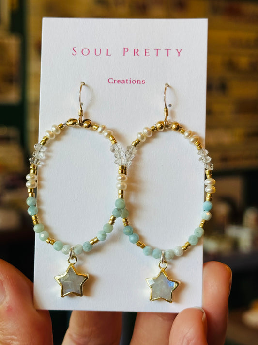 Soul Pretty Moonstone Star + Larimar + Pearl + Herkimer Handmade Gold Fill Earrings - Moon Room Shop and Wellness