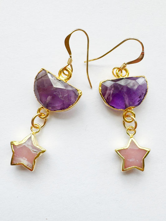 Amethyst Half Moon + Pink Opal Star Gold Fill Earrings - Moon Room Shop and Wellness