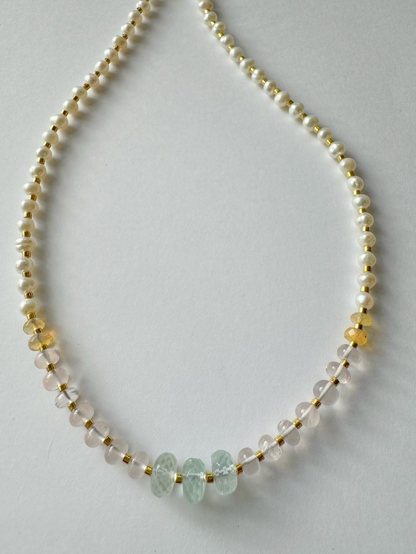 Aquamarine + Rose Quartz + Ethiopian Opal +Pearl Handmade Necklace - Moon Room Shop and Wellness