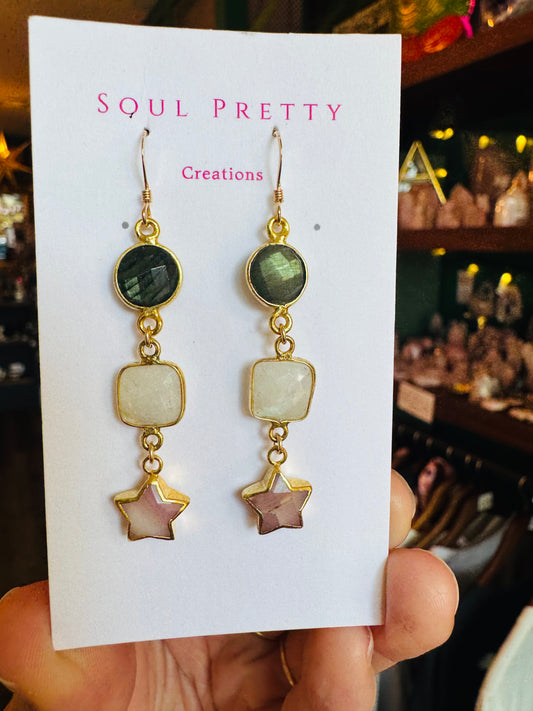Soul Pretty Pink Opal Star+ Moonstone + Labradorite Gold Fill Earrings - Moon Room Shop and Wellness