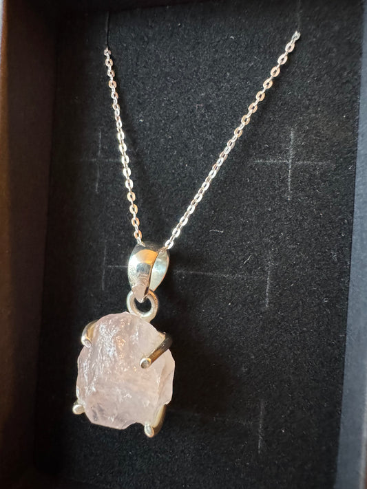 Rose Quartz Raw Sterling Silver Necklace 20 " Chain - Moon Room Shop and Wellness