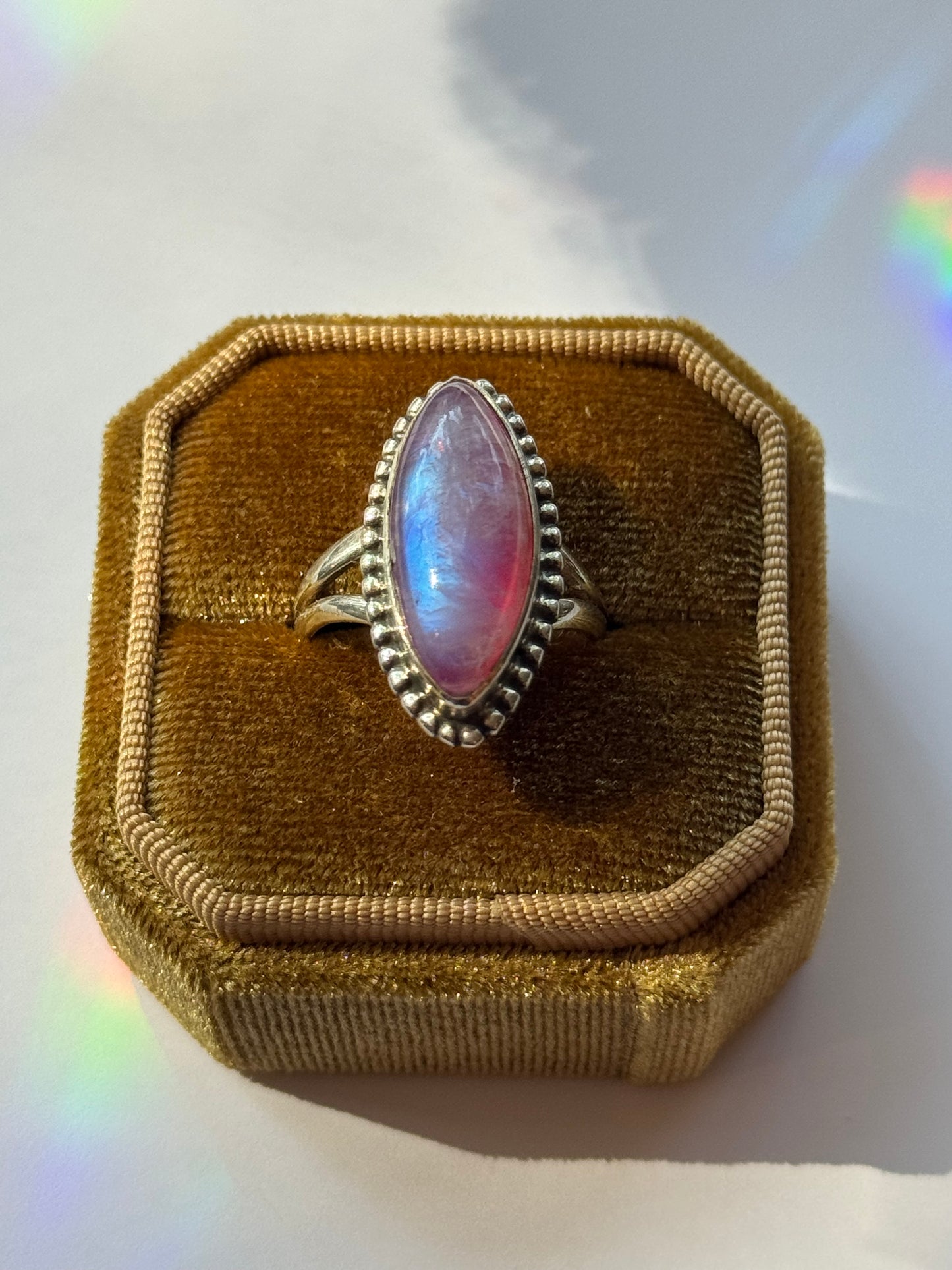 Pink Rainbow Moonstone 925 Sterling Silver Ring Size 8.25 - Moon Room Shop and Wellness