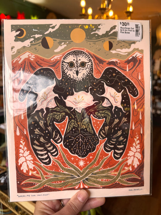 Moonflower Owl 8x10 Art Print by Pine Bones - Moon Room Shop and Wellness
