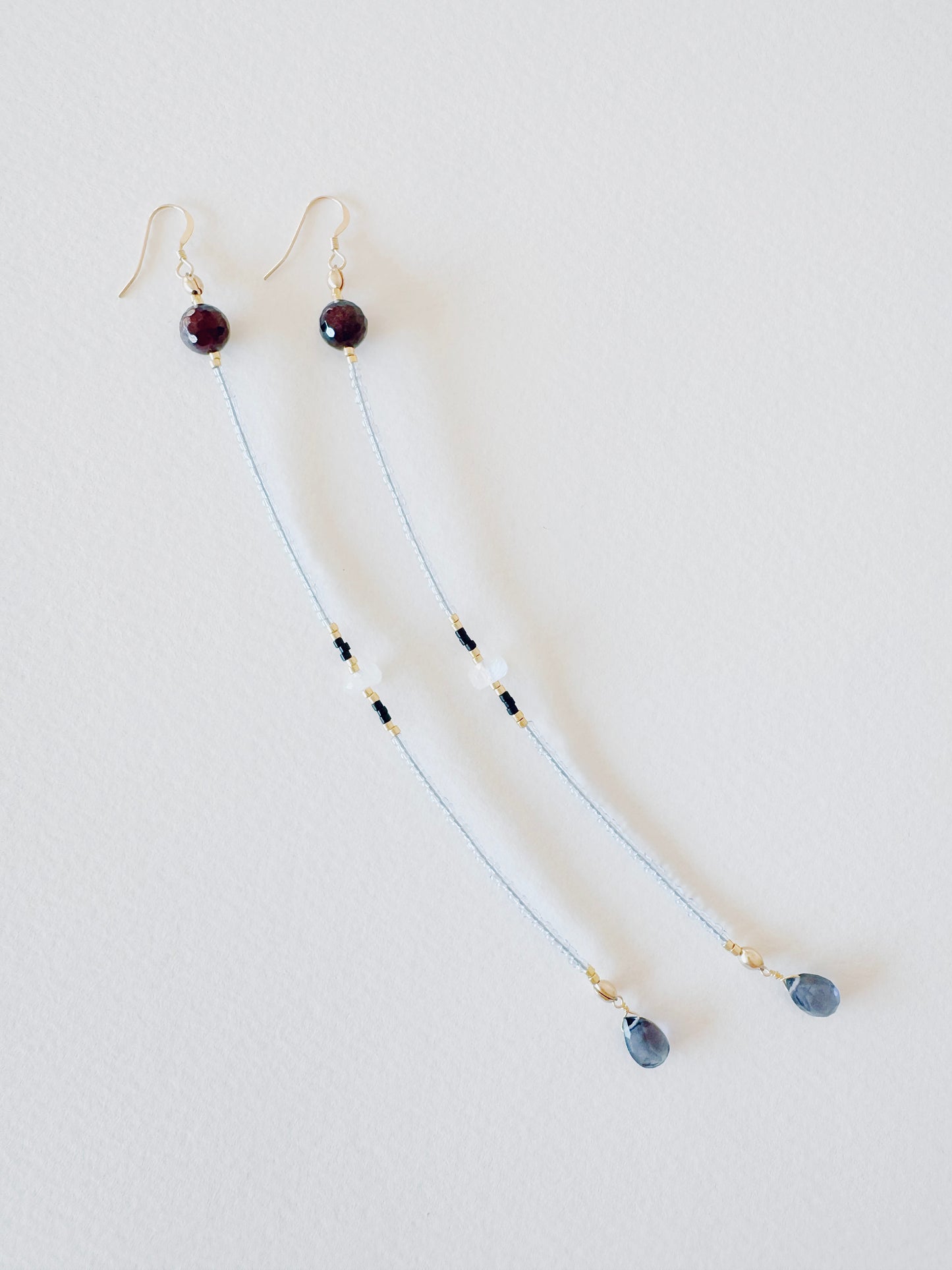 Iolite Droplets + Moonstone+ Garnet Long Flow Earrings - Moon Room Shop and Wellness