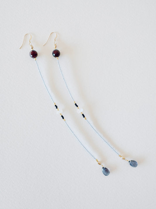 Iolite Droplets + Moonstone+ Garnet Long Flow Earrings - Moon Room Shop and Wellness