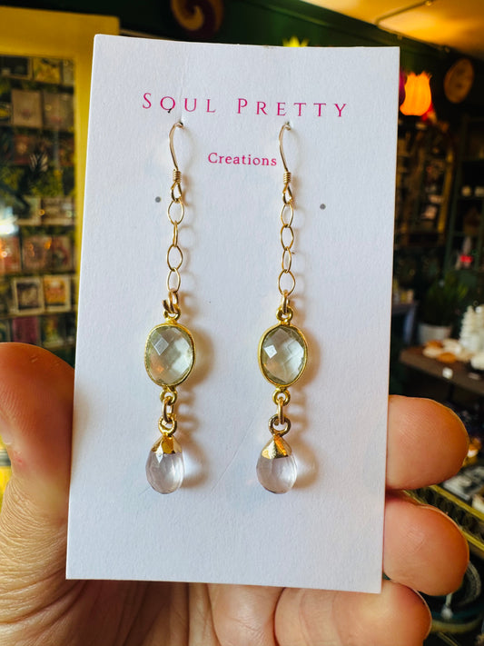 Soul Pretty Prasiolite + Rose Quartz Droplet Gold Fill Earrings - Moon Room Shop and Wellness