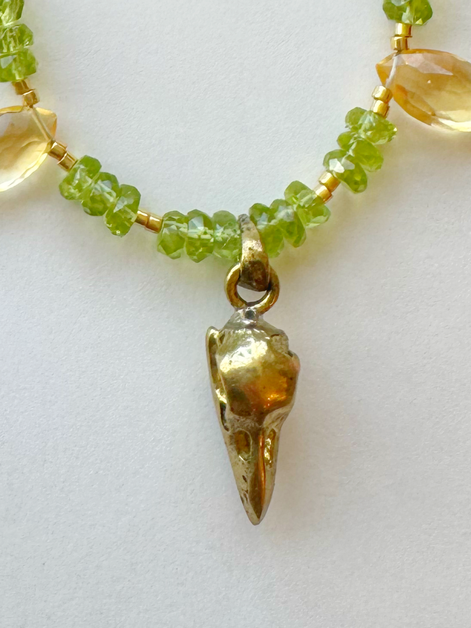 Brass Raven Skull + Peridot + Citrine + Kunzite + Black Tourmaline Gold Fill Handmade Necklace - Moon Room Shop and Wellness