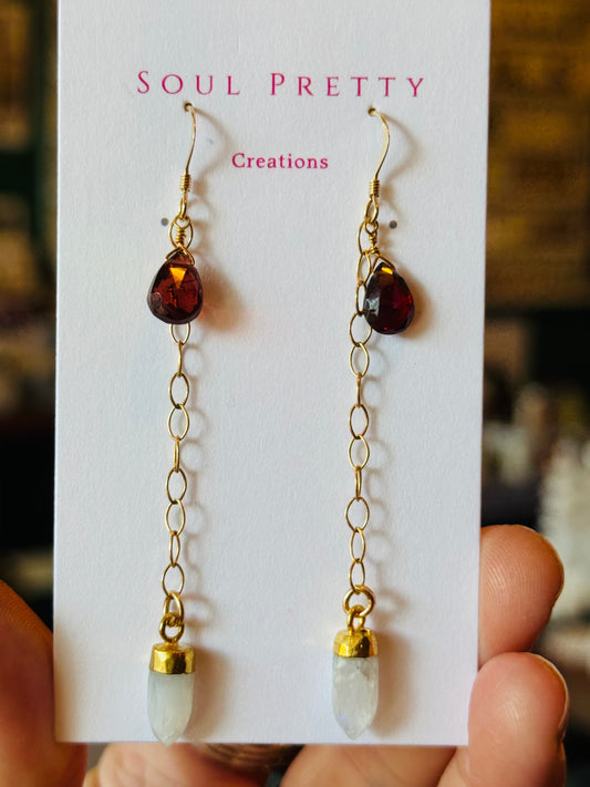 Soul Pretty Garnet Drops With Moonstone Gold Fill Earrings - Moon Room Shop and Wellness
