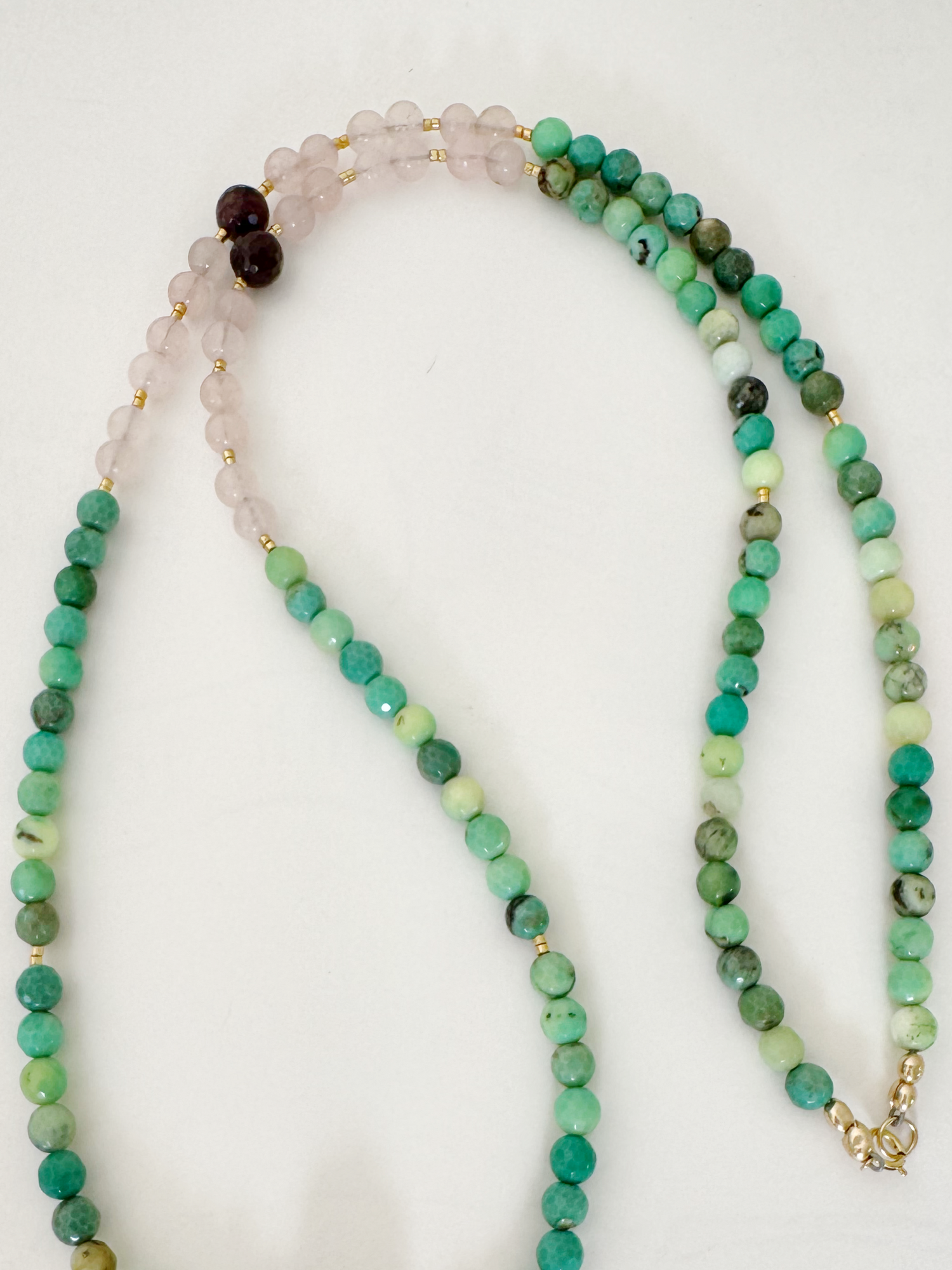 Citrine Point with Chrysoprase +Rose Quartz + Garnet Beaded Long Necklace - Moon Room Shop and Wellness
