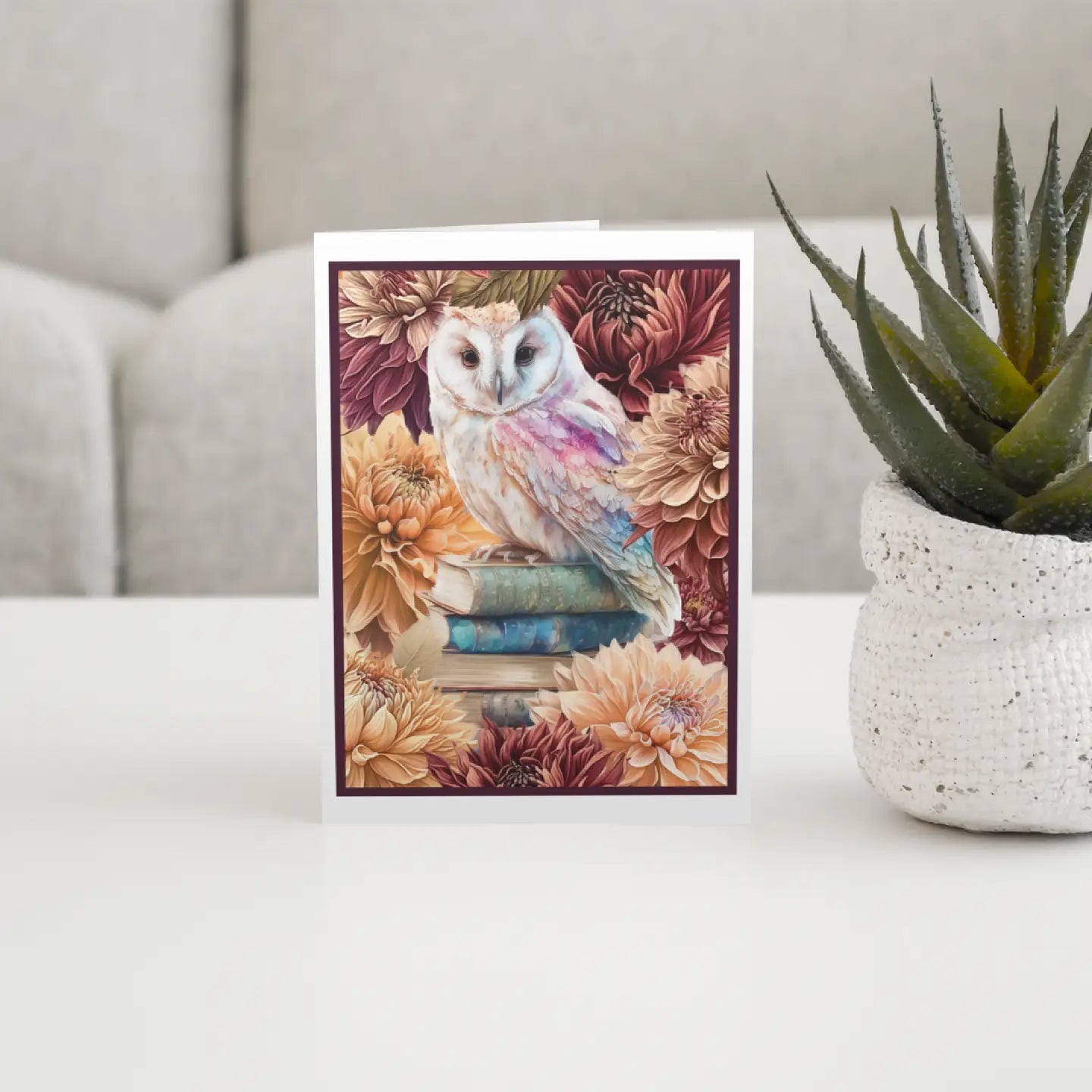 Owl On Stack of Books with Dahlias Card- Blank Inside - Moon Room Shop and Wellness