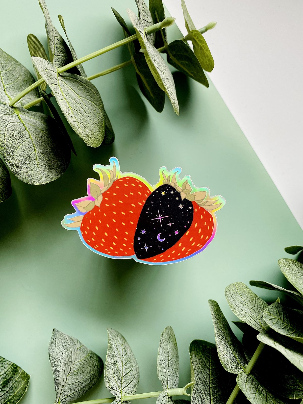 Celestial Strawberry Holographic Sticker - Moon Room Shop and Wellness