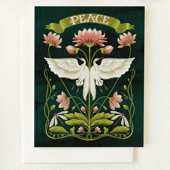 Peace Egrets & Lotus Flower Blank Greeting Card by Folk Meadow - Moon Room Shop and Wellness