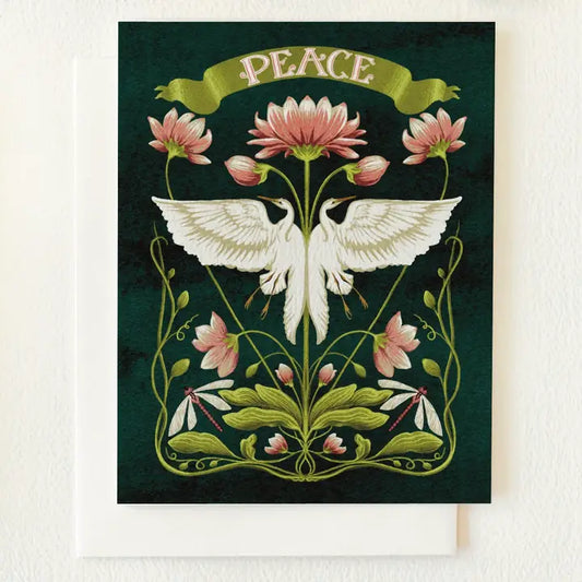 Peace Egrets & Lotus Flower Blank Greeting Card by Folk Meadow - Moon Room Shop and Wellness