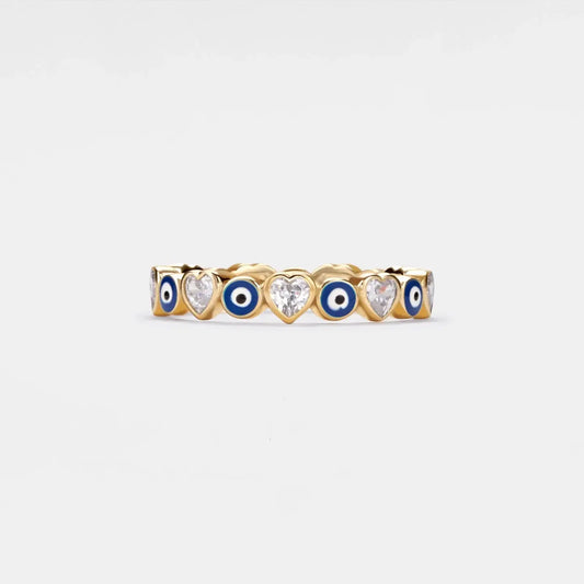 Turkish Evil Eye Heart Eternity Ring Size 6 in Gold Plated 925 Sterling Silver - Moon Room Shop and Wellness