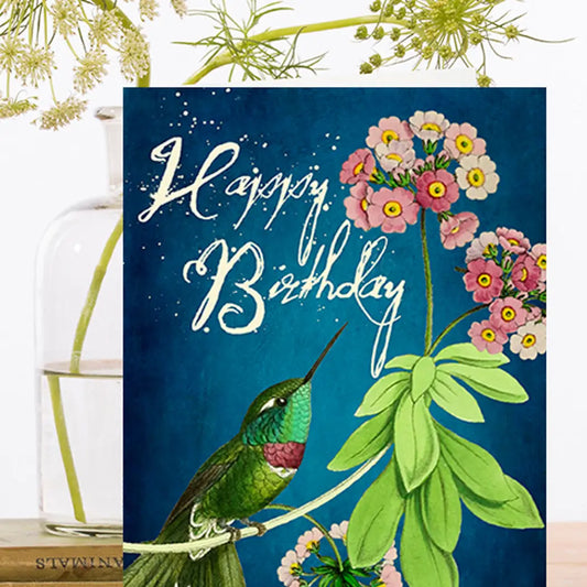 Hummingbird Pink Flower Birthday Card Blank Inside - Moon Room Shop and Wellness