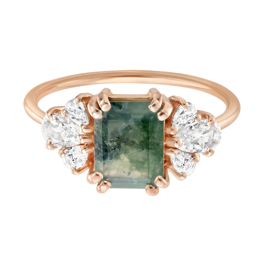 Rose Gold Moss Agate & Diamond Empress Ring Size 8 - Moon Room Shop and Wellness