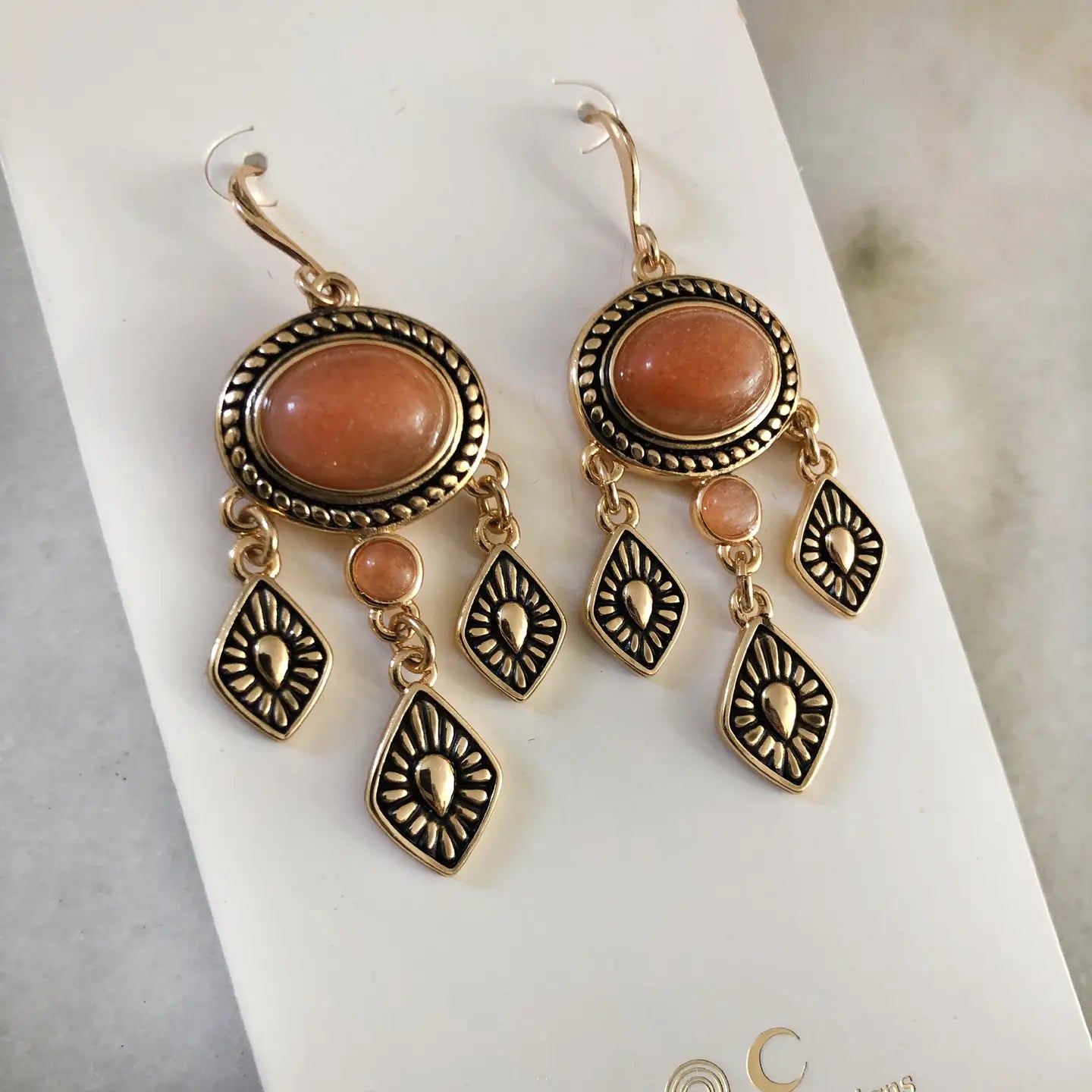 Sunstone Temple Earrings 18kt gold plated brass - Moon Room Shop and Wellness