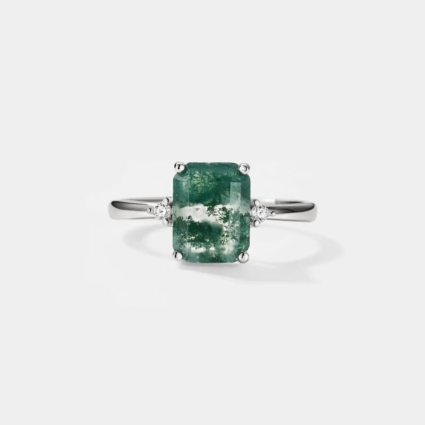 Emerald Cut Moss Agate Solitaire Ring in 925 Sterling Silver Size 6 - Moon Room Shop and Wellness