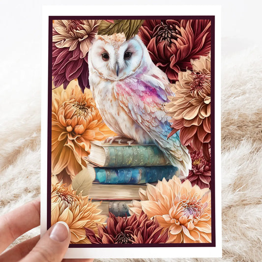 Owl On Stack of Books with Dahlias Card- Blank Inside - Moon Room Shop and Wellness