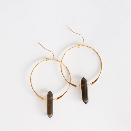 Smoky Quartz Hoops 18 kt Gold Plated Brass - Moon Room Shop and Wellness