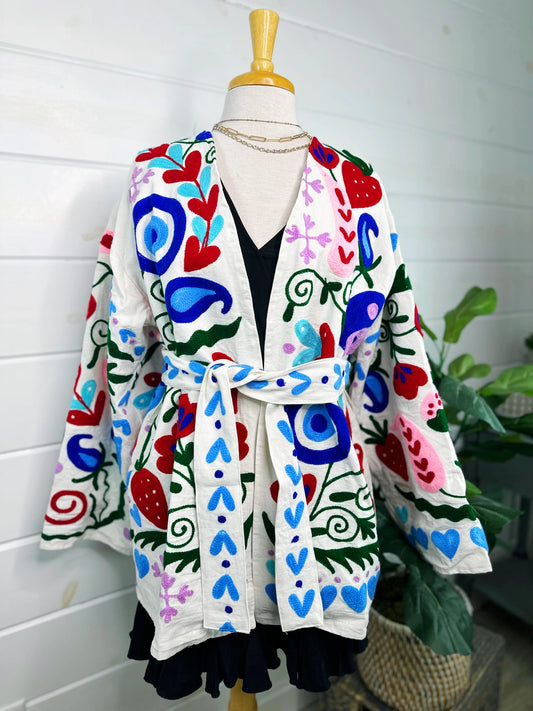 Handmade Suzani Embroidered Jacket | Evil Eye Kimono Coat - Moon Room Shop and Wellness