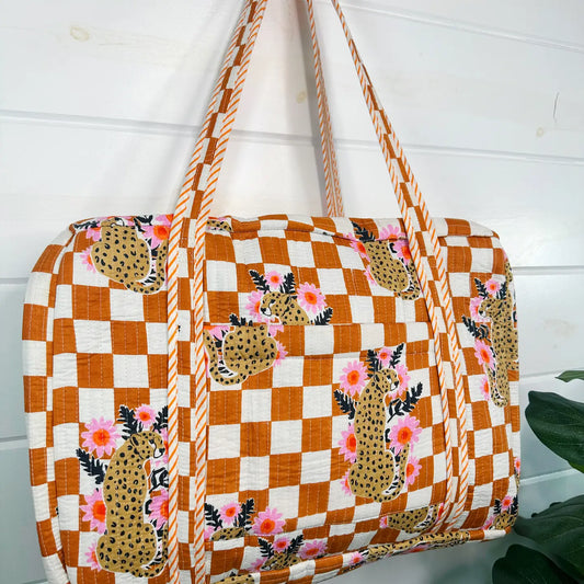 Cotton Quilted Duffle Bag - Weekender Travel Bag - Jaguar Print  Gold - Moon Room Shop and Wellness