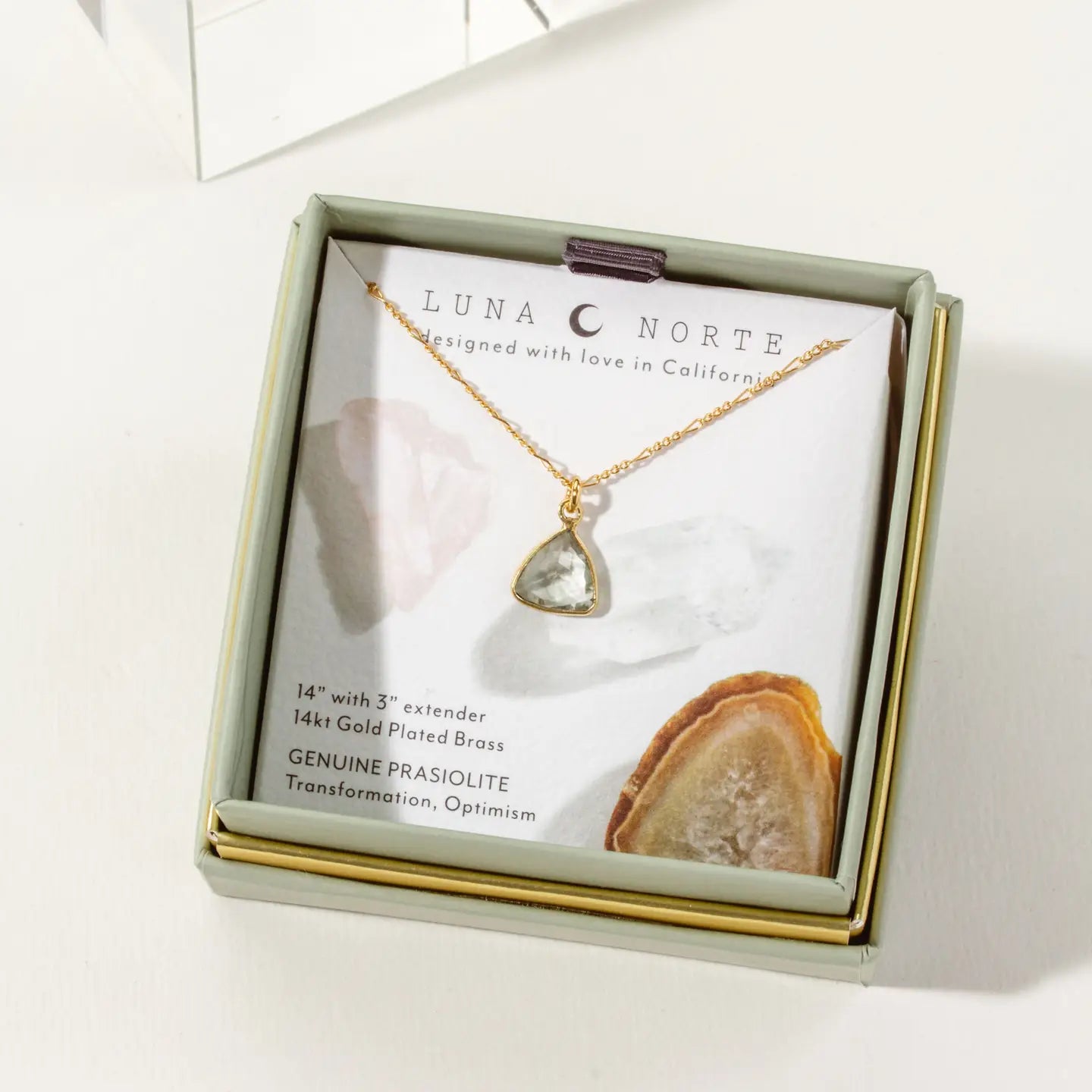 Prasiolite Triangle Dainty Prasiolite Necklace in Gold Plated Brass - Moon Room Shop and Wellness