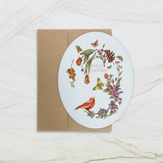 Oval Happy Birthday Floral Bird Wreath- Blank Inside