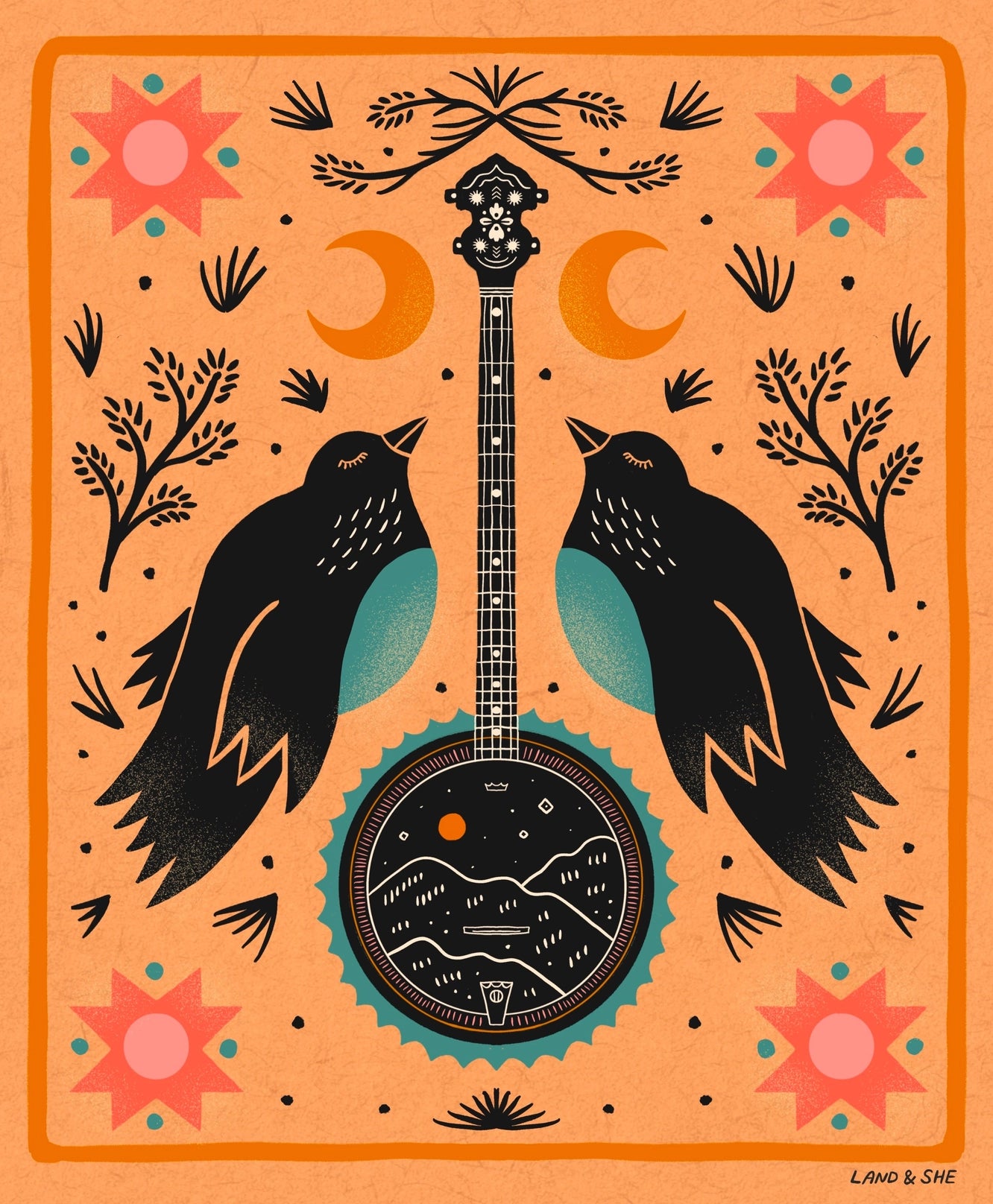 Folk Song (Banjo & Birds) 8x10 print - Moon Room Shop and Wellness