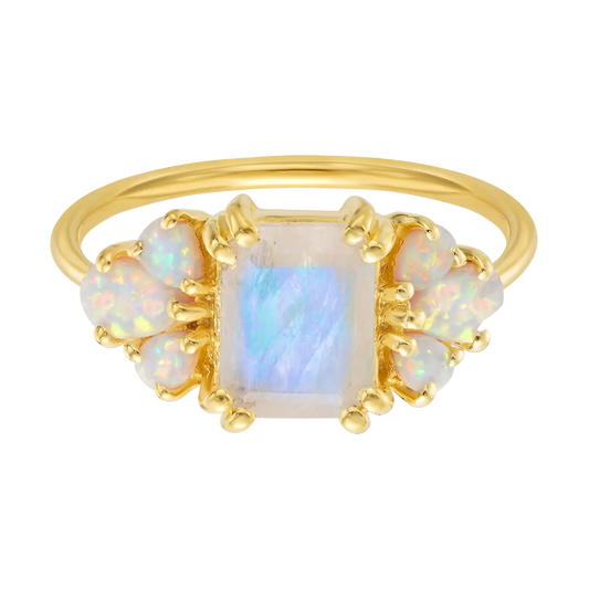Rainbow Moonstone and Opal Empress 18kt Gold Vermeil Ring Size 6 - Moon Room Shop and Wellness