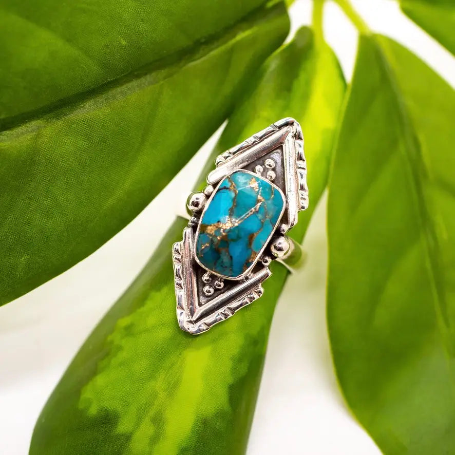 Copper Turquoise Decorated Point Sterling Silver Ring Sizes 8,10 - Moon Room Shop and Wellness